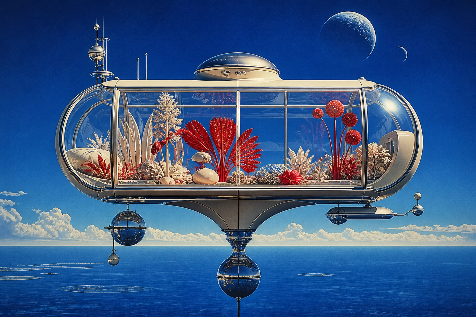 Orbital greenhouse above a vivid blue ocean