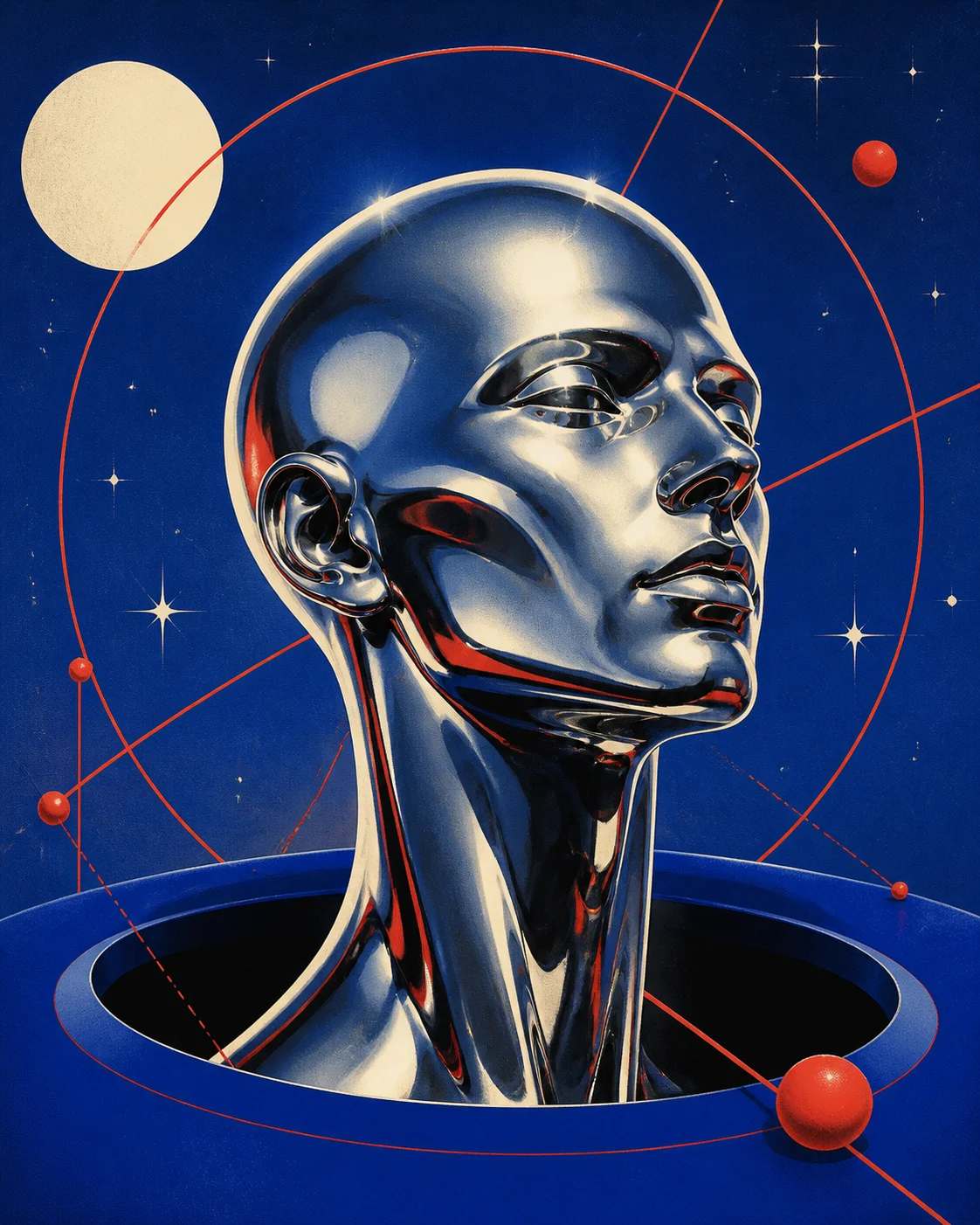 Chrome retro-futurist figure surrounded by red orbital lines